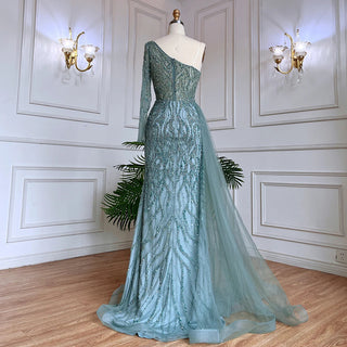 Blue Mermaid Elegant One Shoulder Evening Gown 2024: Beaded Luxury for Women's Party