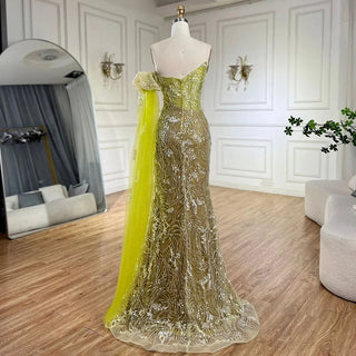 Ships in 1 to 3 Days - Arabic Blue Strapless Yellow High-Split Mermaid Beaded Luxury Evening Gown for Women Wedding Party 2024