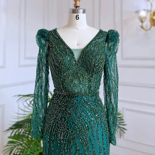 Emerald Allure: Elegant Green V-Neck Mermaid Evening Gown with Beading - 2024 Arabic Luxury