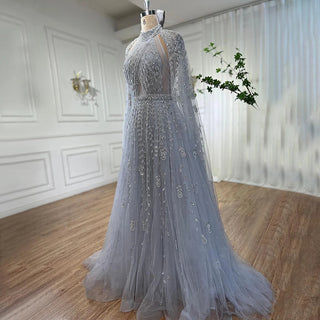 Dubai Arabic Luxury Nude A-Line Beaded Evening Dress with Cape Sleeves - Elegant Gown for Women Wedding Party 2024