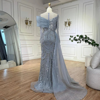 Luxury Nude Mermaid Evening Gown with Overskirt - Beaded Pearls for Women's Wedding Party 2024