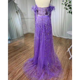 Chic Arabic Luxury Nude Mermaid Evening Dress with High Split, Beaded Feathers - Long 2024 Gown for Women's Wedding Party