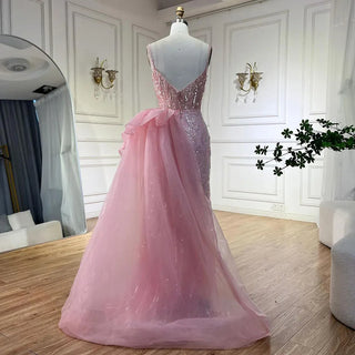 2024 Light Pink Spaghetti Strap Mermaid Evening Gown Beaded Elegant Dress with Overskirt for Women's Party