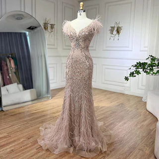 Champagne Mermaid Sleeveless Evening Dress: Elegant Formal Luxury with Diamond Feathers 2024