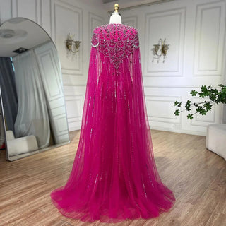 Dubai's Luxe Elegance: Sage Green Evening Dresses with Cape, Fuchsia Crystal, and Gold Accents for Women's Weddings and Formal Parties (2024)