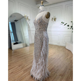 2024 White Nude Mermaid Evening Gown: Spaghetti Straps with Beaded and Feather Detail - Perfect for Prom and Wedding Party