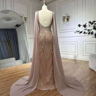 Lilac Luster: Feathers Mermaid Evening Dress with Champagne Beaded Elegance - Perfect for Women at Wedding Parties and Proms.