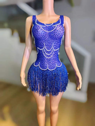 Glamorous Royal Blue Sequin and Pearl Embellished Fringe Mini Dress