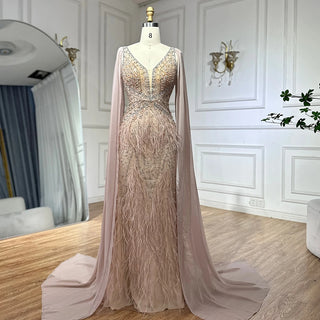 Lilac Luster: Feathers Mermaid Evening Dress with Champagne Beaded Elegance - Perfect for Women at Wedding Parties and Proms.