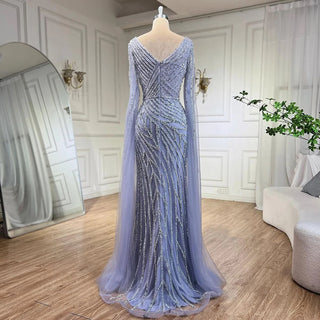 Arabic Mermaid Blue Beaded Elegant Cape Sleeves Luxury Evening Dress Gown for Women Wedding Party 2024