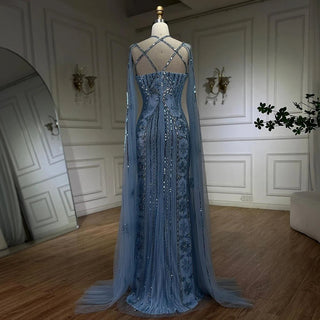 Ships in 1 to 3 Days - Arabic Luxury Dubai Mermaid Blue Evening Gown with Cape Sleeves and Beading for Women's Party 2024