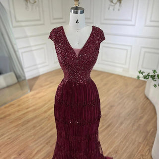 Ships in 1 to 3 Days - Luxury Dubai Arabic Mermaid Gold Elegant Tassel Beaded Evening Dresses Gowns for Women's Wedding Party 2024