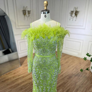 Luxury Dubai Green Boat Neck Mermaid Elegant Feathers Beaded Evening Dresses Gowns For Woman Wedding Party