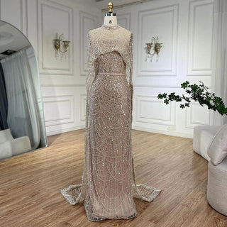 Luxurious Dubai Arabian Nude Mermaid Evening Dress with Long Cape - Elegant Gown for Women's Wedding Party 2024