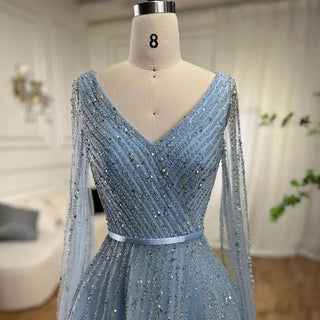 Mint Cape Sleeves A-Line Beaded Luxury Dubai Evening Dress: Long 2024 Celebrity Gown for Women's Party