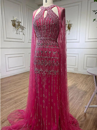 Mermaid Elegant Cape Sleeves Beaded Luxury Evening Dress Gown For Women: Arabic Party 2024