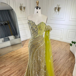 Ships in 1 to 3 Days - Arabic Blue Strapless Yellow High-Split Mermaid Beaded Luxury Evening Gown for Women Wedding Party 2024