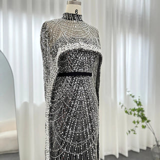 New for 2024: Luxury Champagne Dubai Evening Dresses with Pearls and Cape, Perfect for Arabic Women's Mermaid Wedding Party and Prom Dress