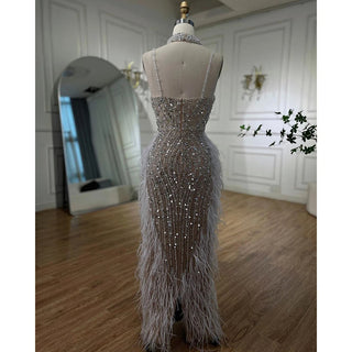 2024 White Nude Mermaid Evening Gown: Spaghetti Straps with Beaded and Feather Detail - Perfect for Prom and Wedding Party