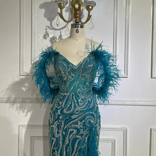 Turquoise Spaghetti Strap High-Split Mermaid Beaded Feathers Evening Gown for Women Wedding Party 2024