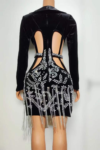 Glamorous Black Velvet Cut-Out Dress with Embellished Floral Patterns and Fringe Detail