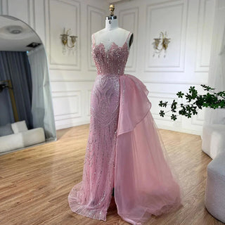 2024 Light Pink Spaghetti Strap Mermaid Evening Gown Beaded Elegant Dress with Overskirt for Women's Party