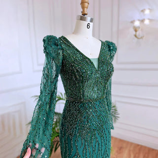 Emerald Allure: Elegant Green V-Neck Mermaid Evening Gown with Beading - 2024 Arabic Luxury