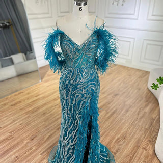 Turquoise Spaghetti Strap High-Split Mermaid Beaded Feathers Evening Gown for Women Wedding Party 2024