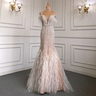 White Swan Opulence: Sexy Beaded Mermaid Evening Dress with Luxury Feathers - 2024