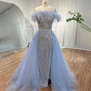 Blue Diamond Feather Mermaid Evening Dress with Overskirt - Wedding Party Gown for Women 2024