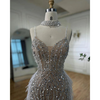 2024 White Nude Mermaid Evening Gown: Spaghetti Straps with Beaded and Feather Detail - Perfect for Prom and Wedding Party