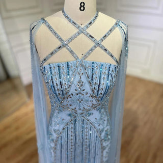 Ships in 1 to 3 Days - Arabic Luxury Dubai Mermaid Blue Evening Gown with Cape Sleeves and Beading for Women's Party 2024