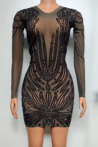 Sheer Black Long Sleeve Mini Dress with Intricate Beadwork