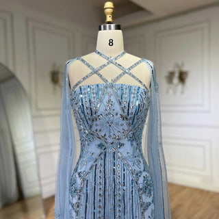 Ships in 1 to 3 Days - Arabic Luxury Dubai Mermaid Blue Evening Gown with Cape Sleeves and Beading for Women's Party 2024