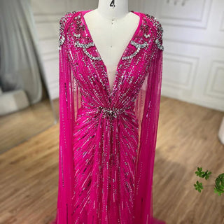 Ships in 1 to 3 Days – Dubai's Luxe Elegance: Sage Green Evening Dresses with Cape, Fuchsia Crystal, and Gold Accents for Women's Weddings and Formal Parties (2024)