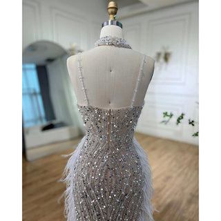 2024 White Nude Mermaid Evening Gown: Spaghetti Straps with Beaded and Feather Detail - Perfect for Prom and Wedding Party