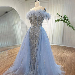 Blue Diamond Feather Mermaid Evening Dress with Overskirt - Wedding Party Gown for Women 2024