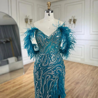 Turquoise Spaghetti Strap High-Split Mermaid Beaded Feathers Evening Gown for Women Wedding Party 2024