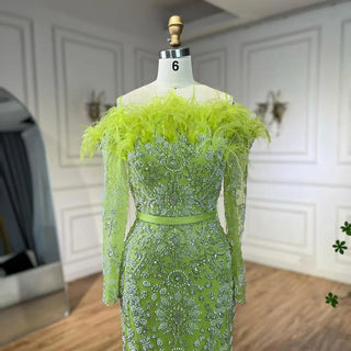 Luxury Dubai Green Boat Neck Mermaid Elegant Feathers Beaded Evening Dresses Gowns For Woman Wedding Party