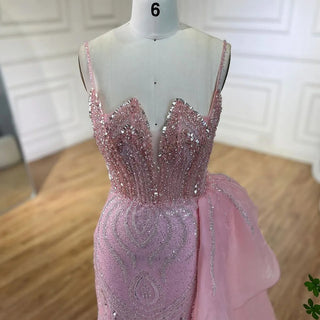 2024 Light Pink Spaghetti Strap Mermaid Evening Gown Beaded Elegant Dress with Overskirt for Women's Party