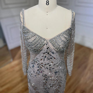 Arabic Silver Nude Mermaid Luxury Beaded Elegant Dubai Evening Dress - Gown for Women's Wedding Party 2024