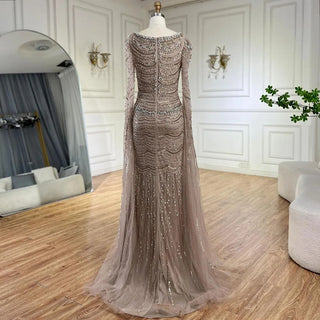 Ships in 1 to 3 Days: Arabic Caramel Mermaid Long Evening Dress with Beaded Cape Sleeves Gown for Women's Wedding Party 2024