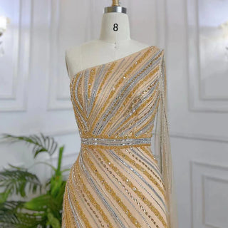 Gold Elegant Mermaid Evening Dress: 2024 Luxury Beaded with One Shoulder Cape Sleeve and High Split