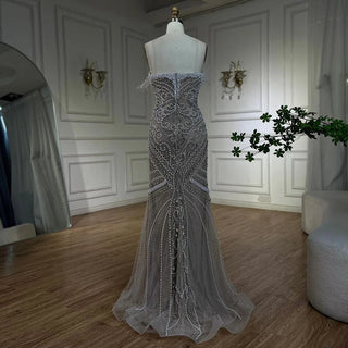 Luxury Dubai White Nude Strapless Mermaid Evening Dress - Pearls Beaded Gown for Women's Wedding Party