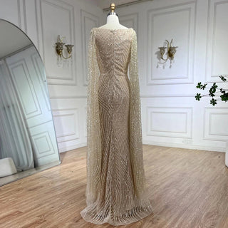 2024 Arabic Nude Mermaid Elegant Cape Sleeves Beaded Luxury Evening Dress: Gowns for Women's Wedding Party