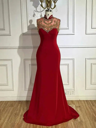 Ships in 1 to 3 Days - Arabic Wine Red Mermaid Elegant Satin Beaded Luxury Dubai Evening Dresses Gowns For Women Wedding Party 2024