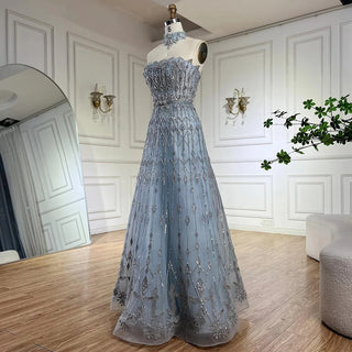 2024 Arabic A-Line Strapless Blue Evening Gown with Luxury Beaded Detailing for Formal Saudi Occasions