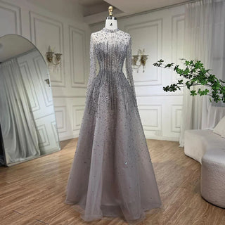 Dubai Luxury Grey Beaded A-Line Evening Dress 2024: Modest Style for Muslim Women's Party Gown and Prom Dress