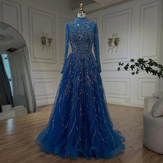 Muslim Elegant Blue A-Line Beaded Luxury Dubai Evening Dresses Gowns For Women Wedding Party 2024