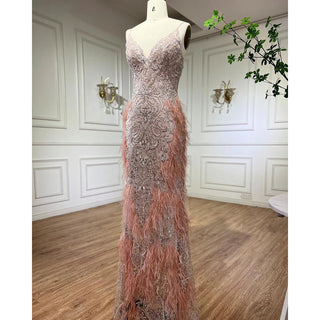 Ships in 1 to 3 Days - Pink Feathers Mermaid Evening Dress: 2024 Luxury Dubai Gown for Women's Wedding Party